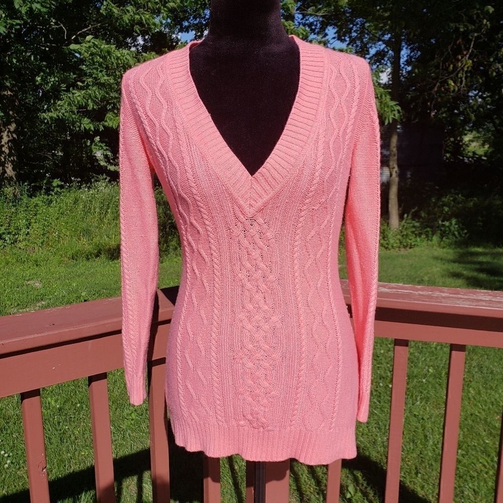 New York Company Pink Ladies Vneck Cable Knit Sweater XS
